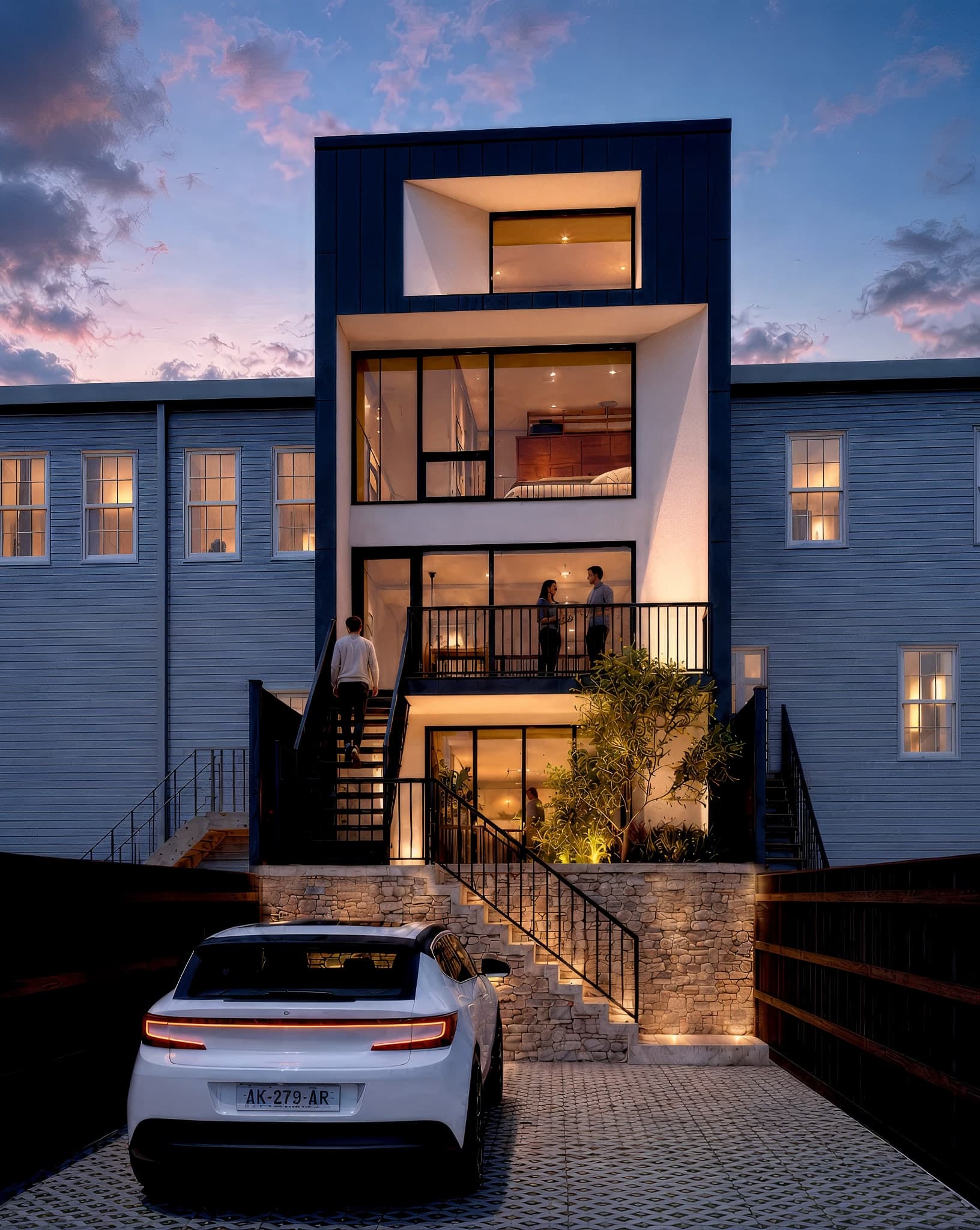 Modern rear addition to a Washington DC row house at dusk, stacked floor-to-ceiling glass glowing warmly above a stone-terraced parking court