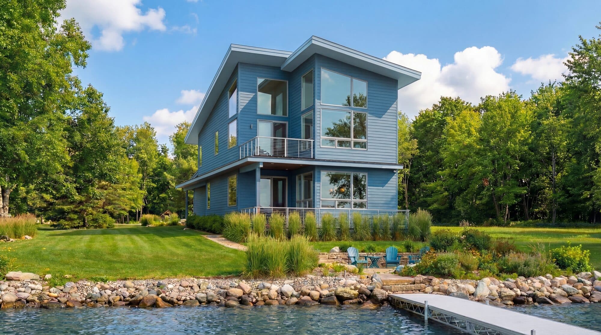Lake Charlevoix lakefront residence viewed from the water with low-pitched roofs stepping down the bluff