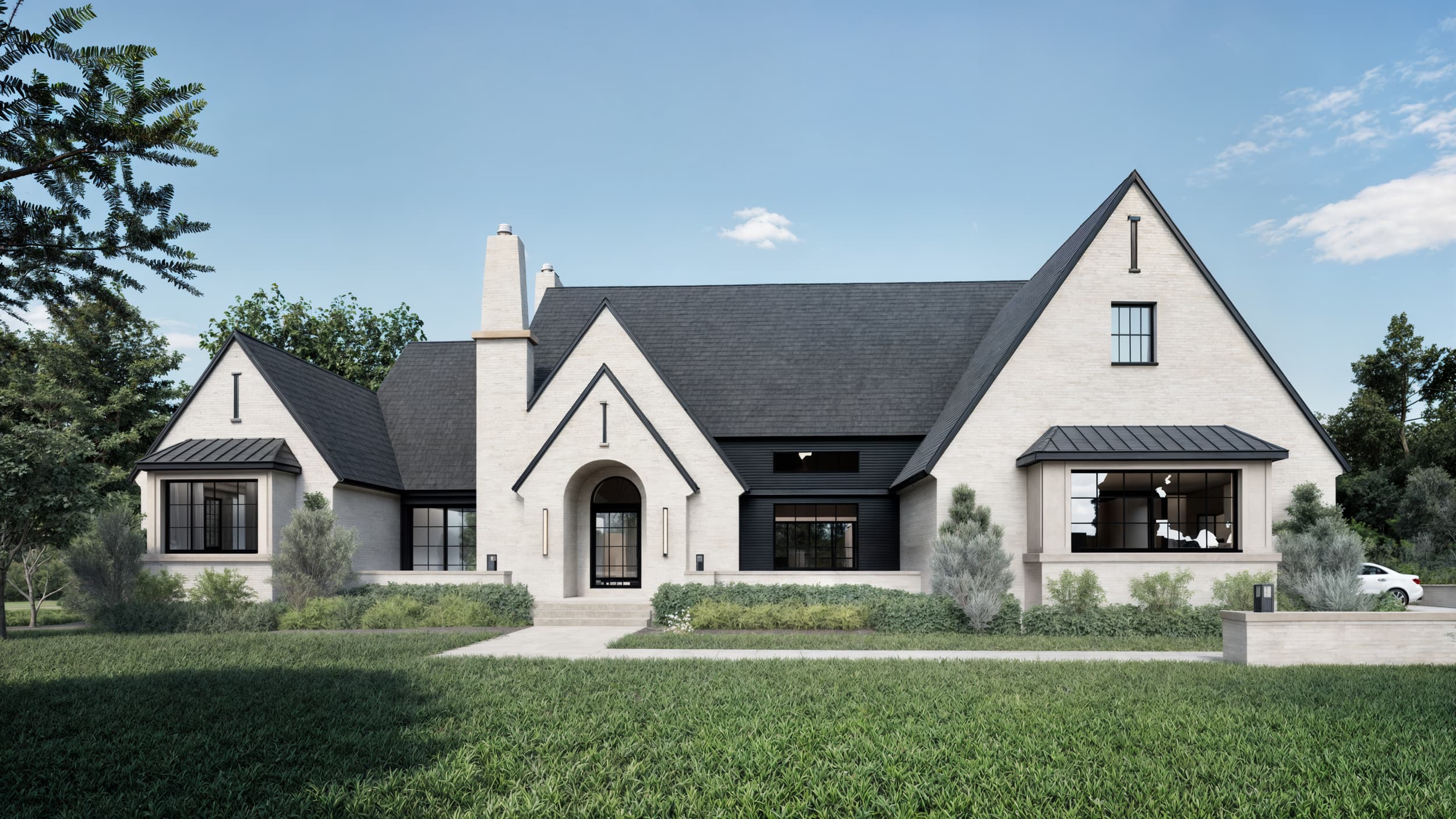 Oakland Township Estate with painted brick, steep gables, and standing-seam metal roof on wooded five-acre site in Michigan