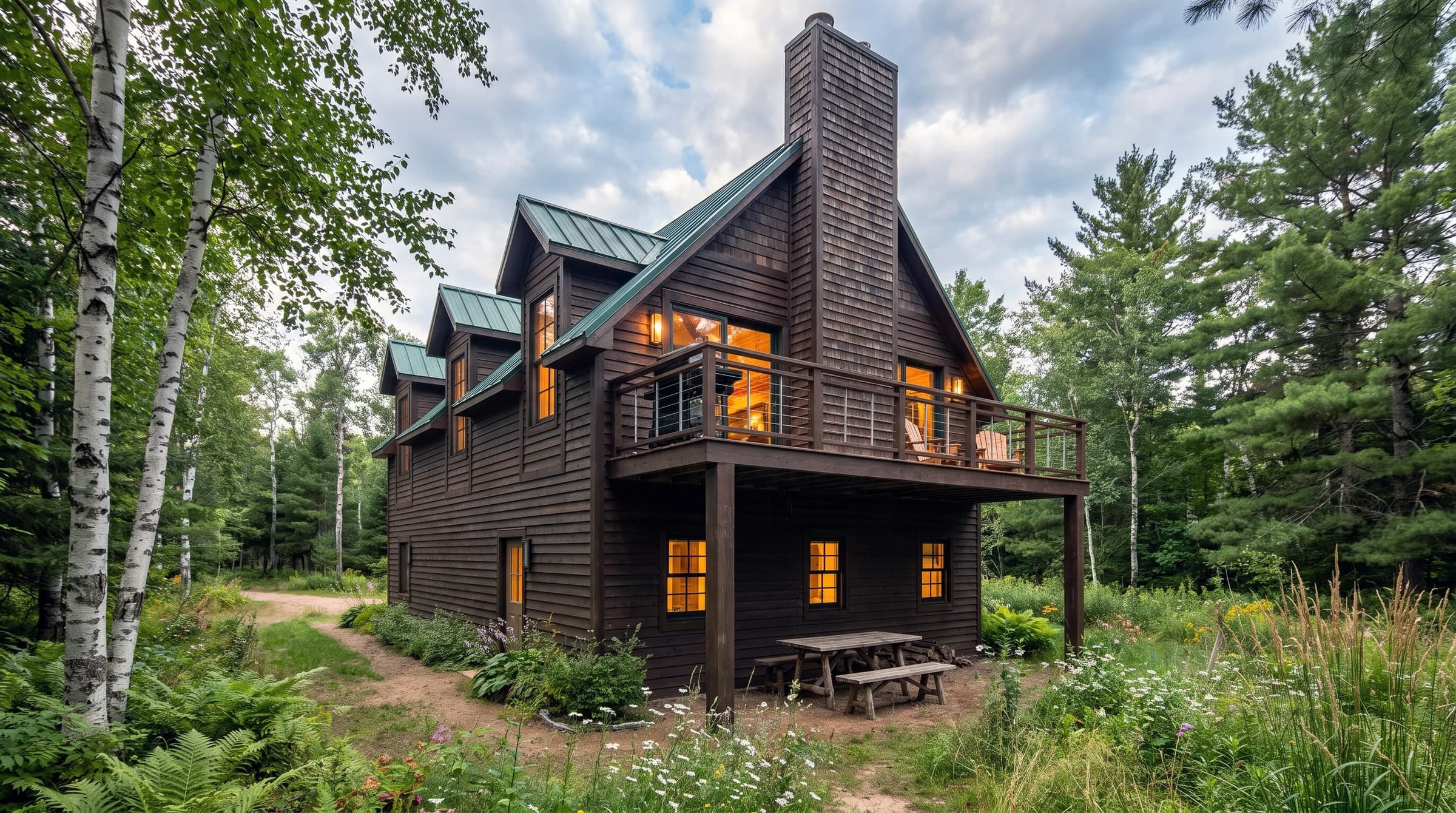 Presque Isle barndominium with dark stained lap siding and a green standing-seam roof, its second-floor deck overlooking a wildflower meadow in the birch woods
